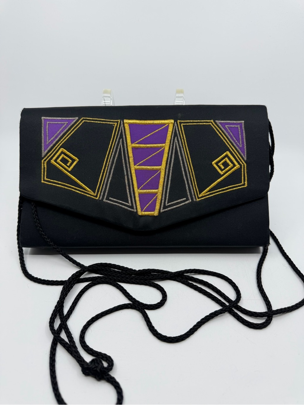 ViWhiting & Davis Black Shoulder purse with Purple and Gold art deco Embroidery